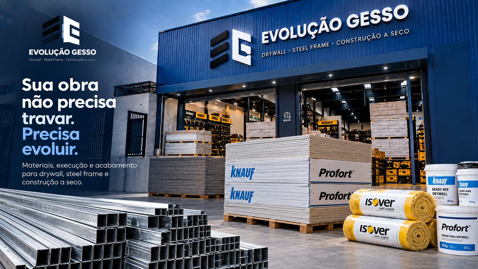 Fachada da loja Evolução Gesso com placas, perfis, lãs e massas. Sua obra não precisa travar. Precisa evoluir.